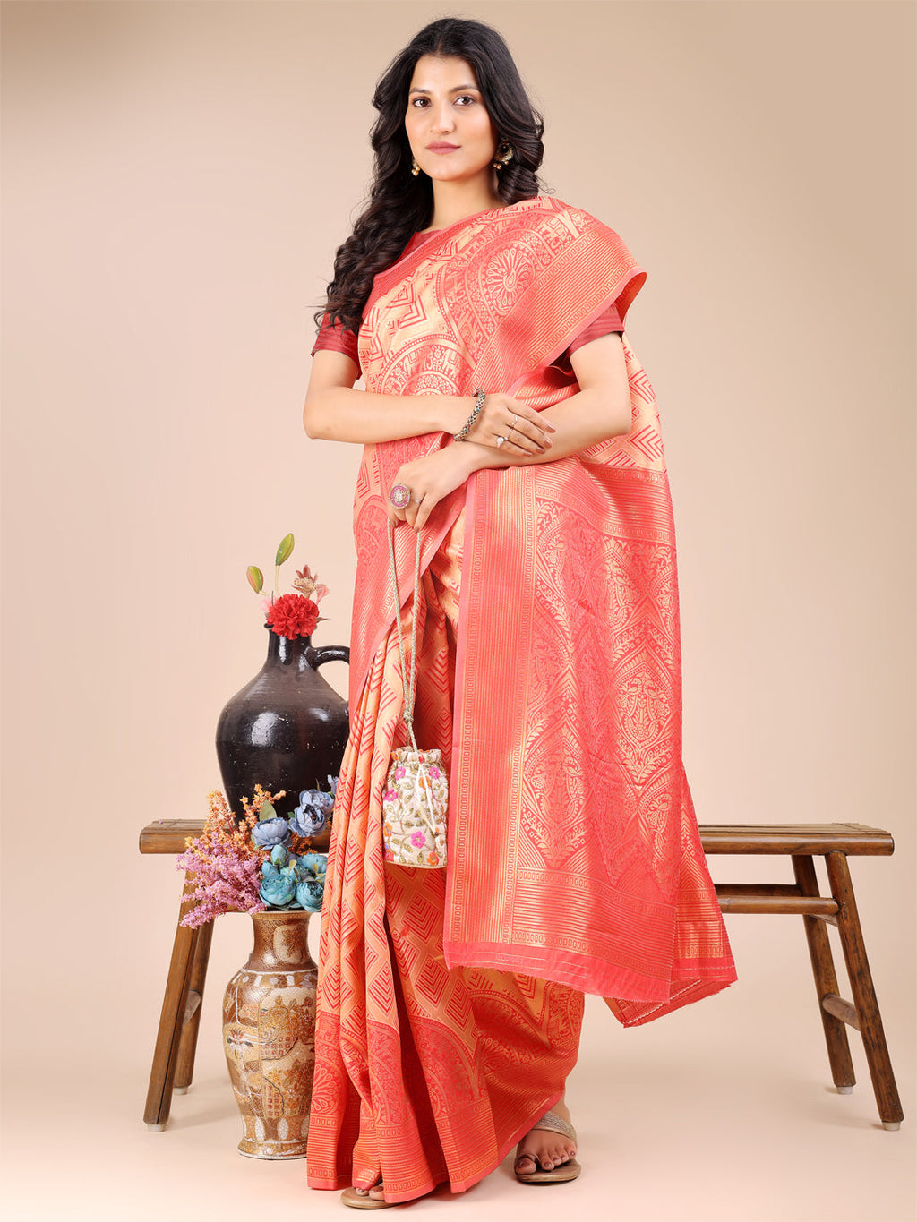 Shree Shyam Fashion Peach Banarasi silk Woven Zari Work Traditional Tassel Saree