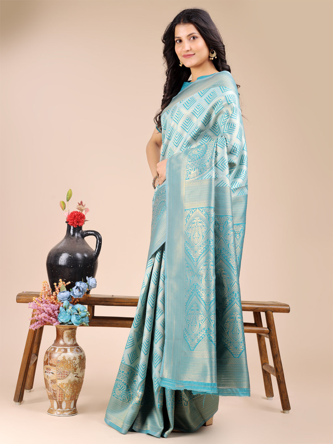 Shree Shyam Fashion Sea Green Banarasi silk Woven Zari Work Traditional Tassel Saree