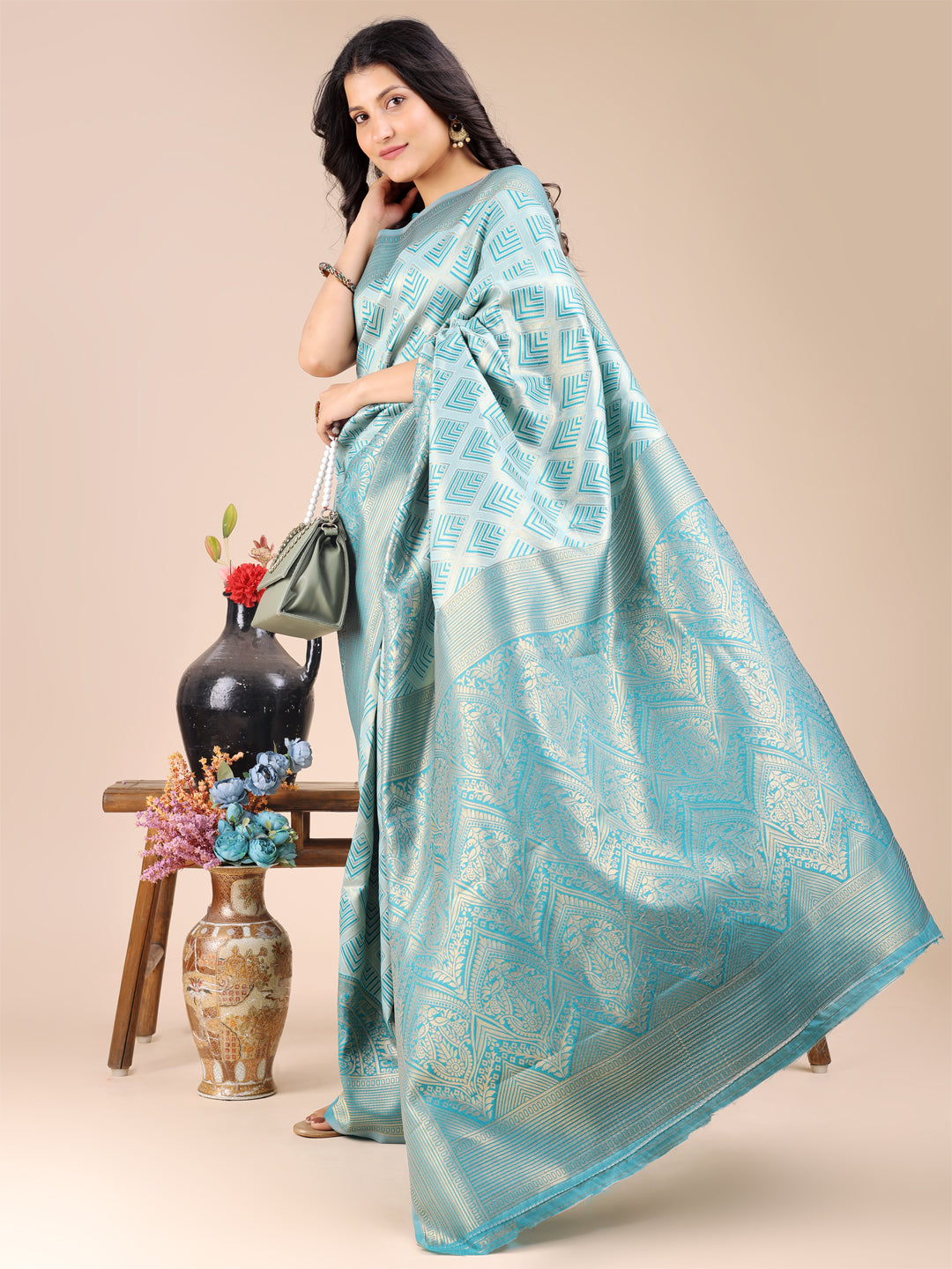 Shree Shyam Fashion Sea Green Banarasi silk Woven Zari Work Traditional Tassel Saree