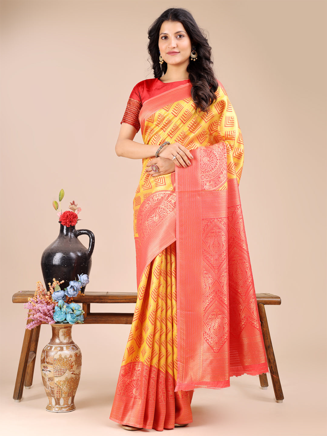 Shree Shyam Fashion Yellow & Red Banarasi silk Woven Zari Work Traditional Tassel Saree