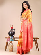 Shree Shyam Fashion Yellow & Red Banarasi silk Woven Zari Work Traditional Tassel Saree