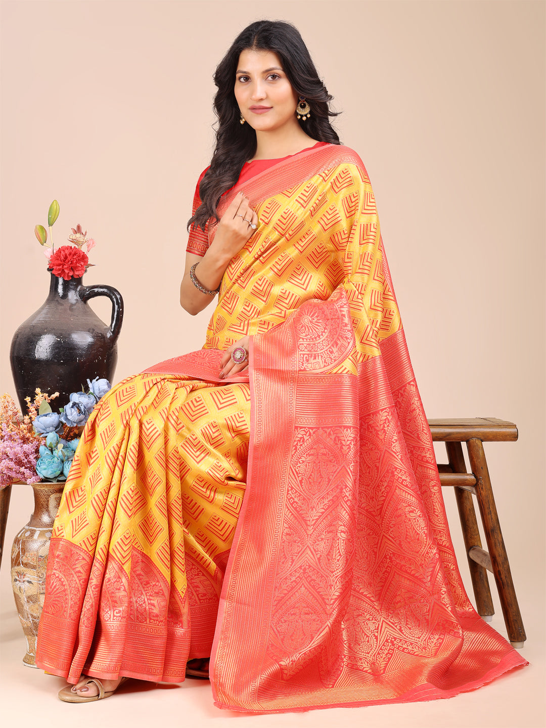 Shree Shyam Fashion Yellow & Red Banarasi silk Woven Zari Work Traditional Tassel Saree