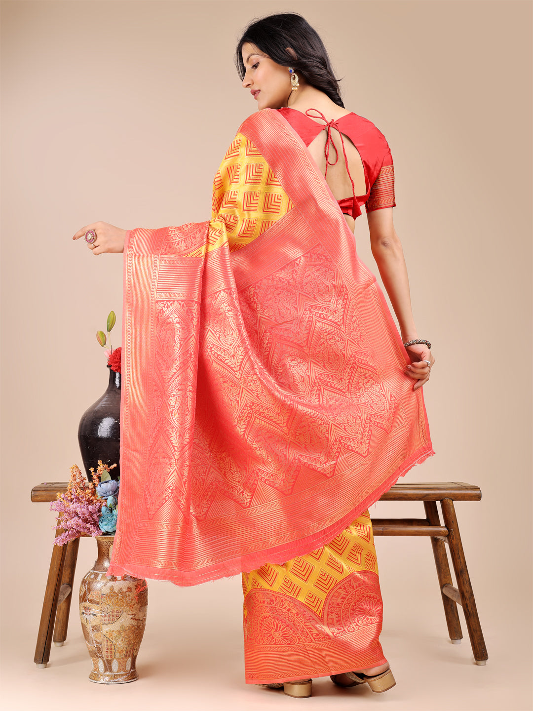 Shree Shyam Fashion Yellow & Red Banarasi silk Woven Zari Work Traditional Tassel Saree