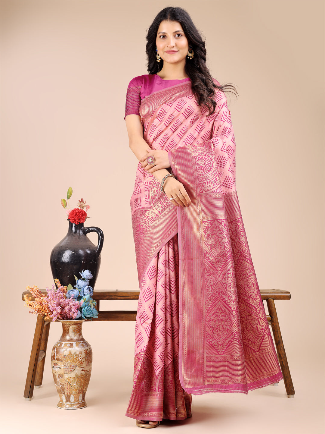 Shree Shyam Fashion Light Pink Banarasi silk Woven Zari Work Traditional Tassel Saree