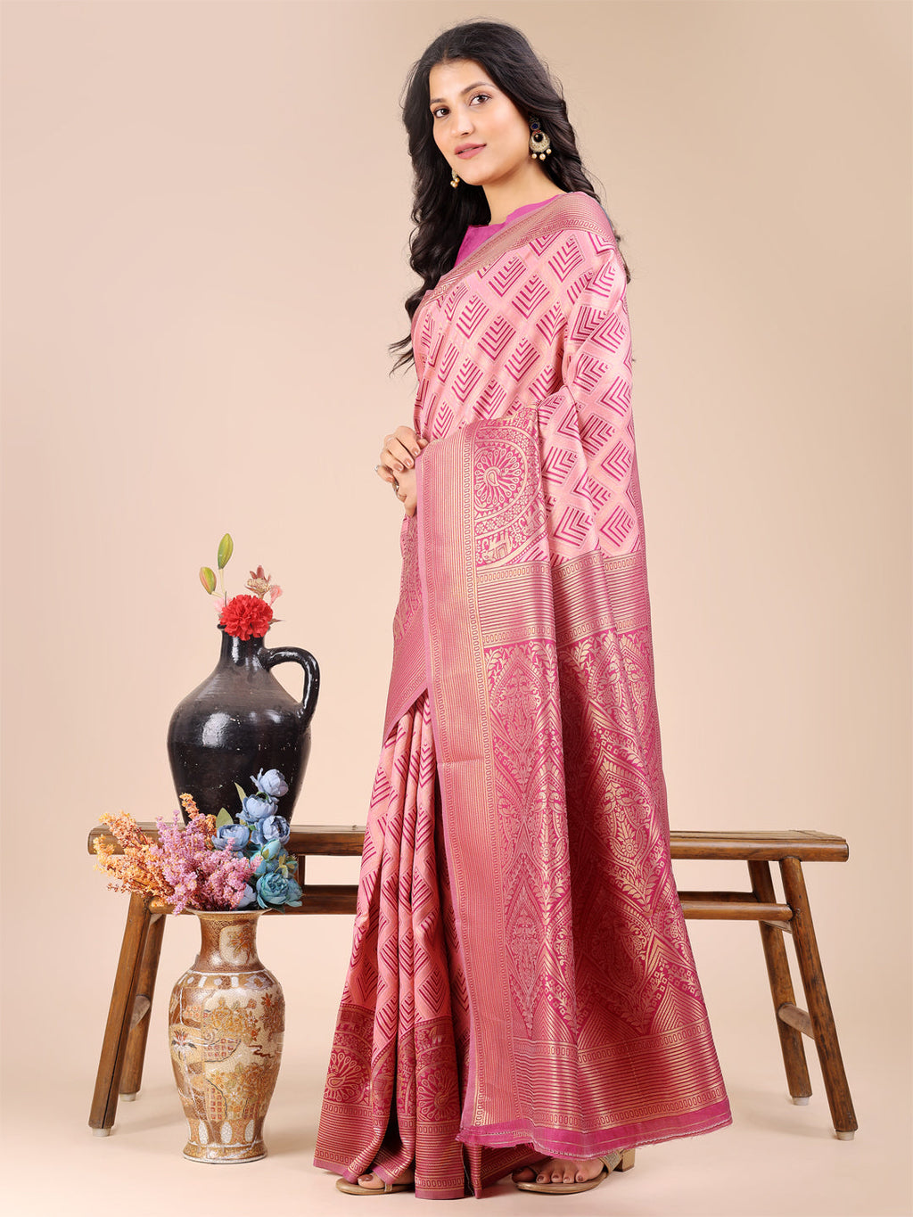 Shree Shyam Fashion Light Pink Banarasi silk Woven Zari Work Traditional Tassel Saree