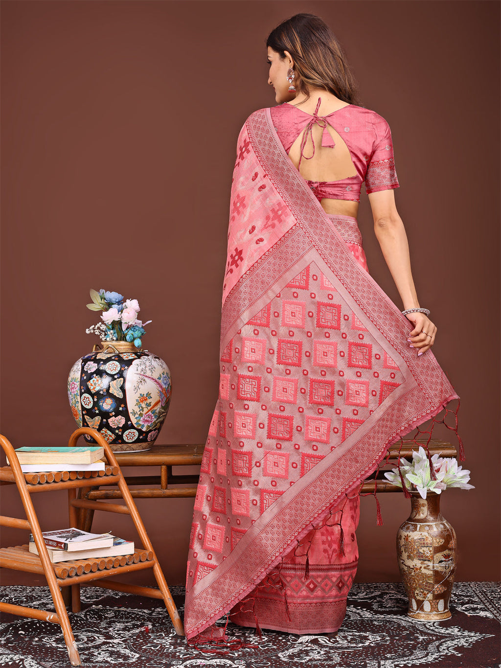 Shree Shyam Fashion Radiant Peach Linen Cotton Patola Saree - Where Tradition Dances with Elegance
