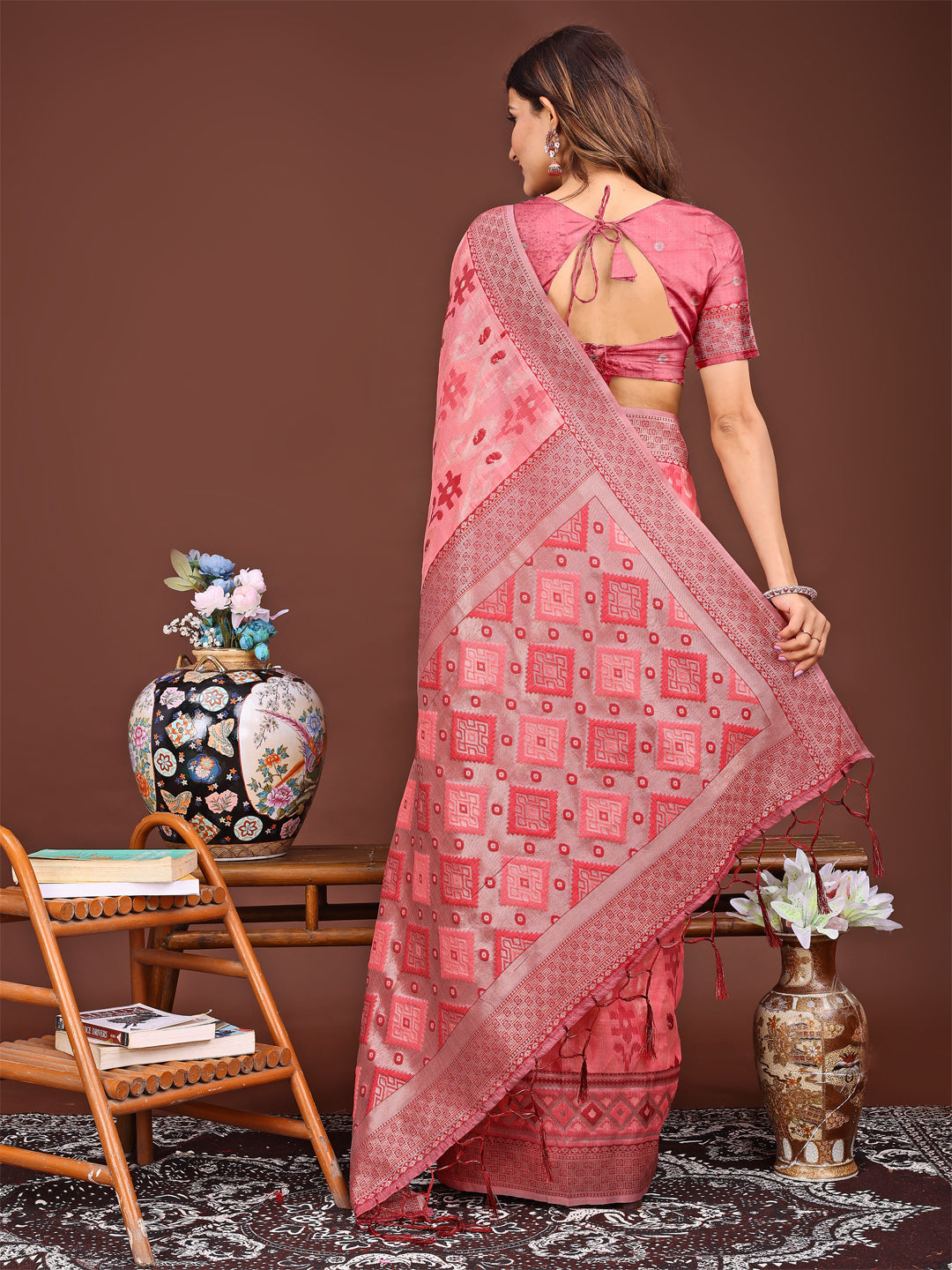 Shree Shyam Fashion Radiant Peach Linen Cotton Patola Saree - Where Tradition Dances with Elegance