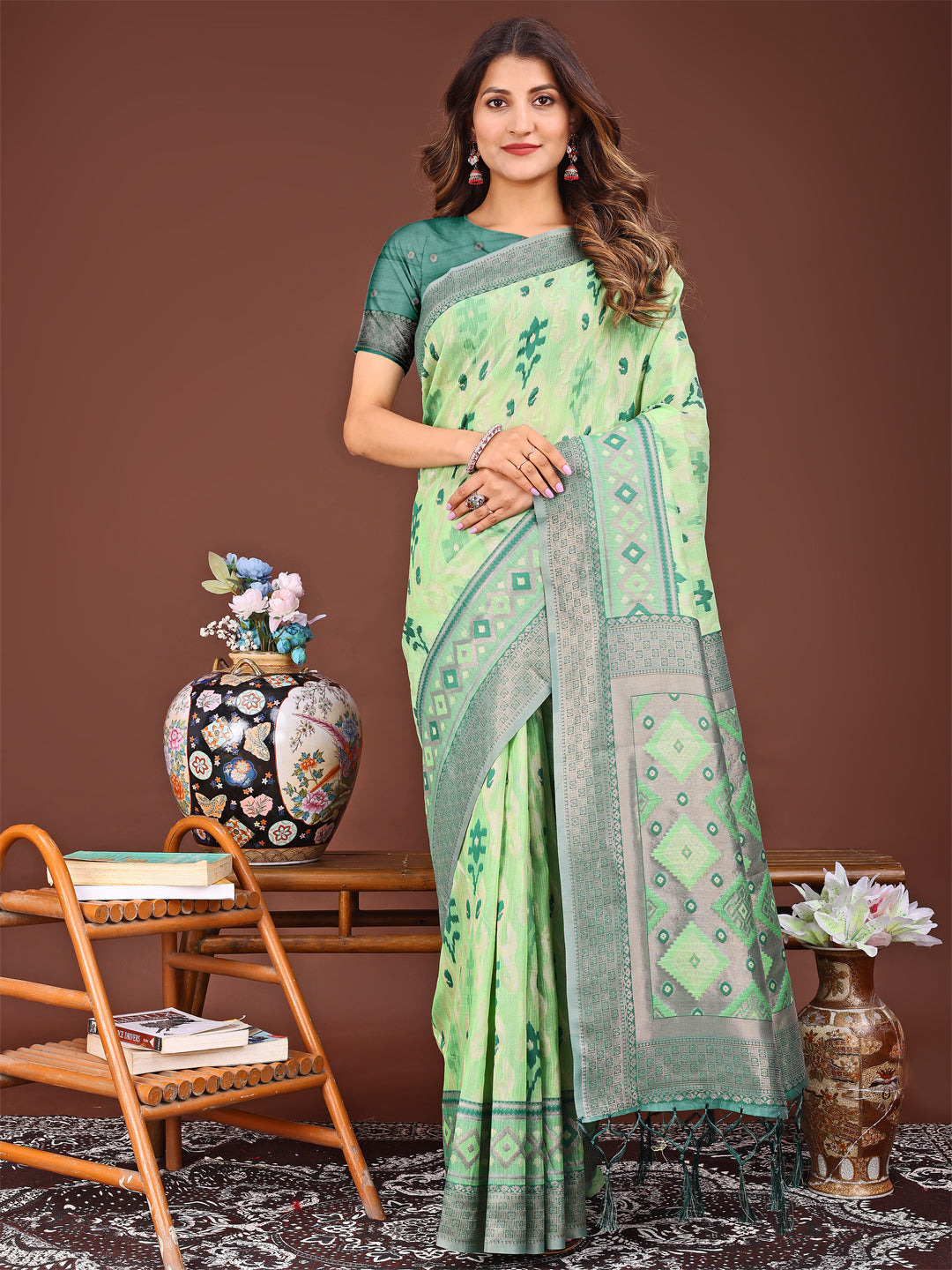 Shree Shyam Fashion Radiant Light Green Linen Cotton Patola Saree - Where Tradition Dances with Elegance