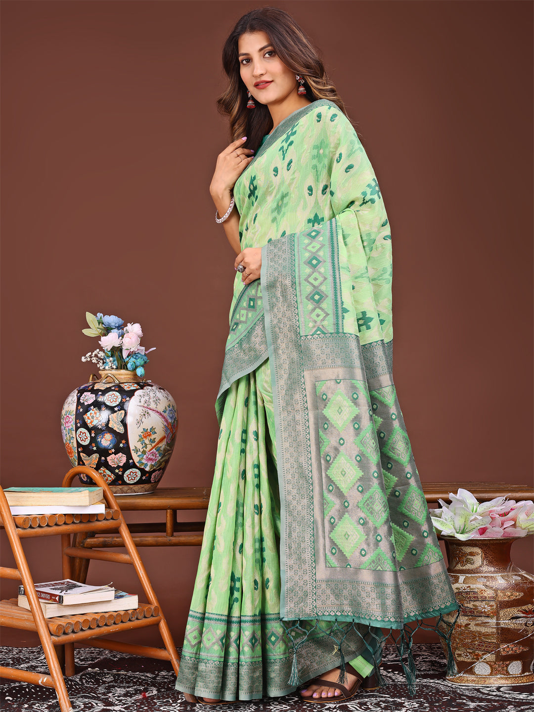Shree Shyam Fashion Radiant Light Green Linen Cotton Patola Saree - Where Tradition Dances with Elegance