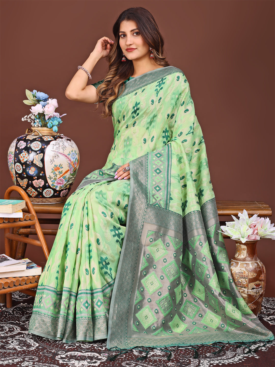 Shree Shyam Fashion Radiant Light Green Linen Cotton Patola Saree - Where Tradition Dances with Elegance