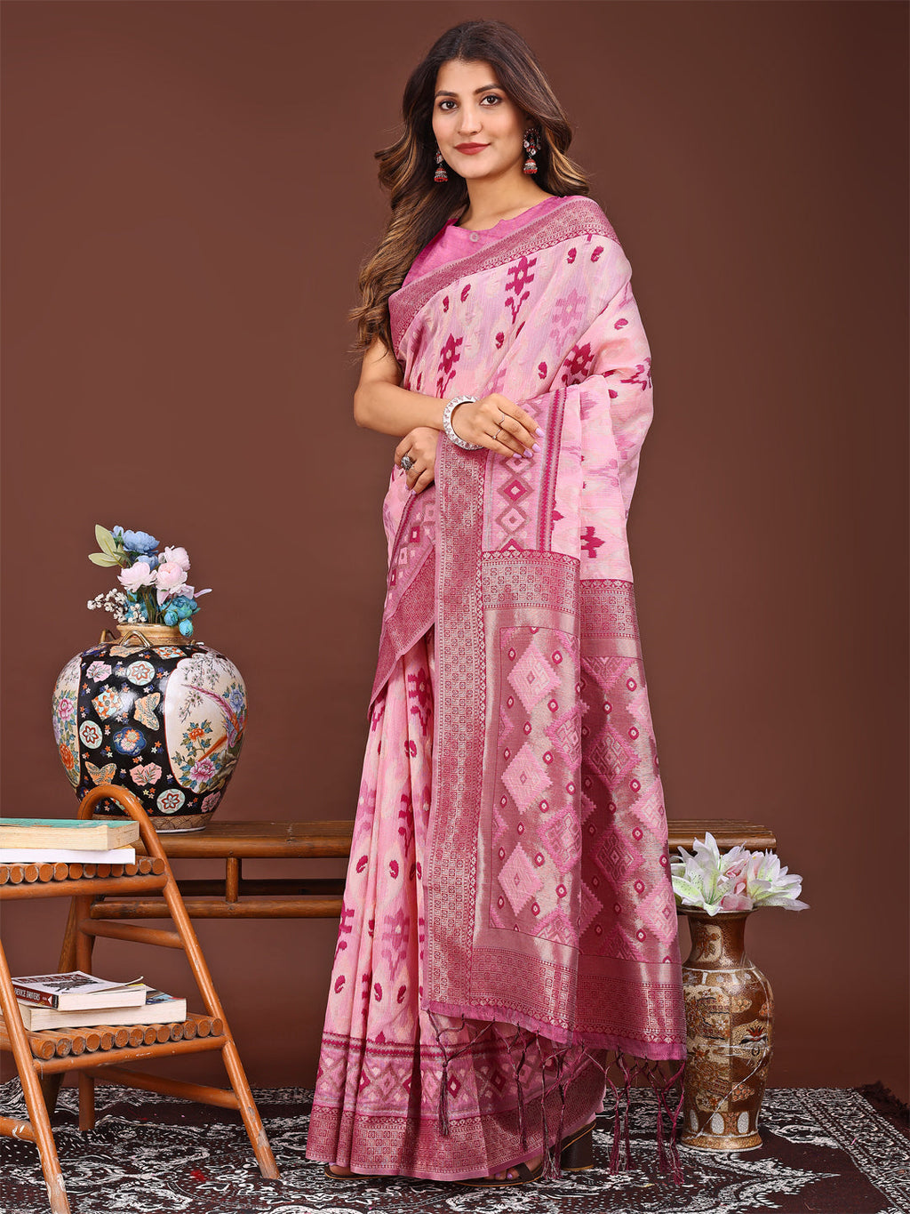 Shree Shyam Fashion Radiant Pink Linen Cotton Patola Saree - Where Tradition Dances with Elegance