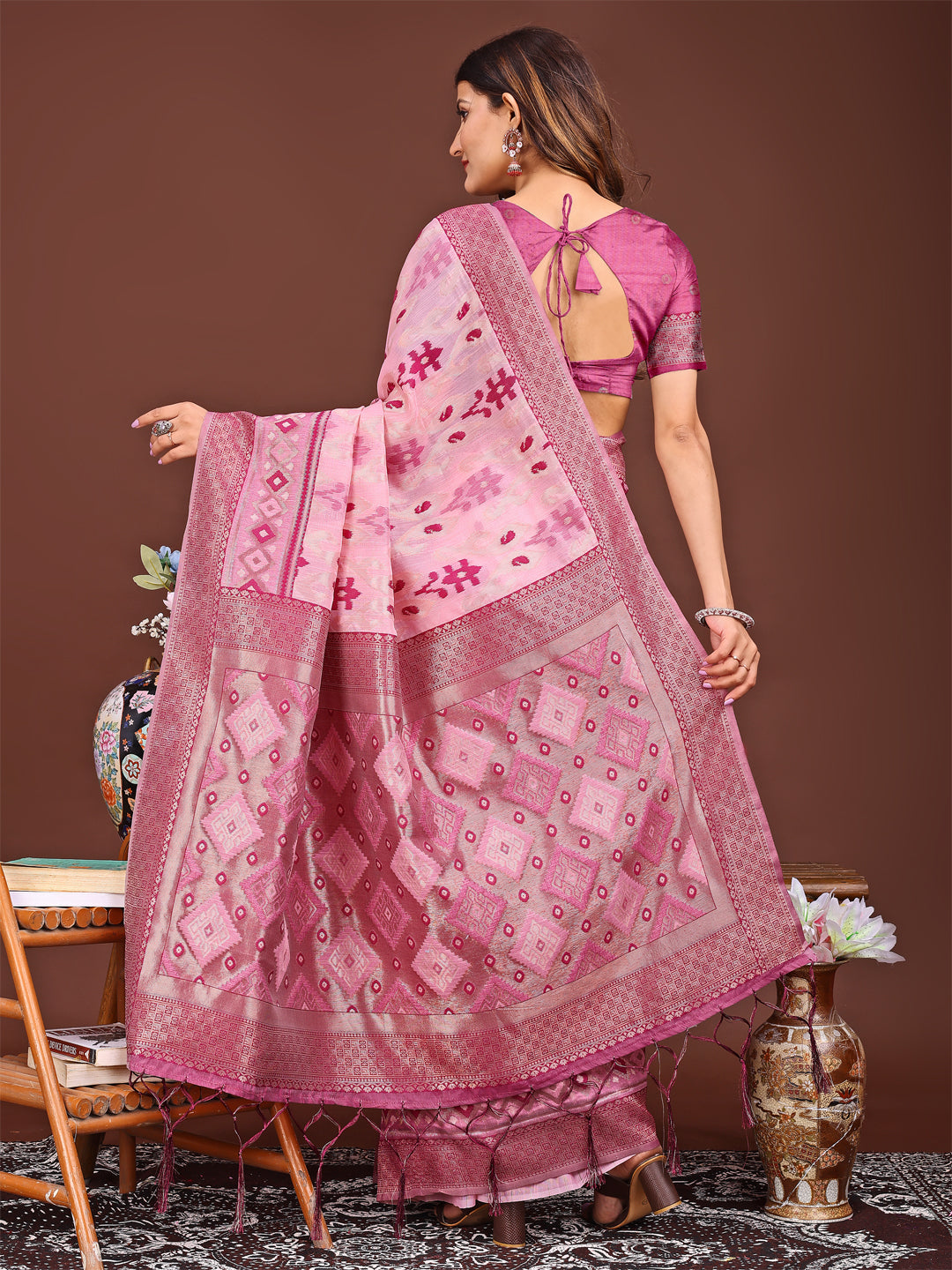 Shree Shyam Fashion Radiant Pink Linen Cotton Patola Saree - Where Tradition Dances with Elegance