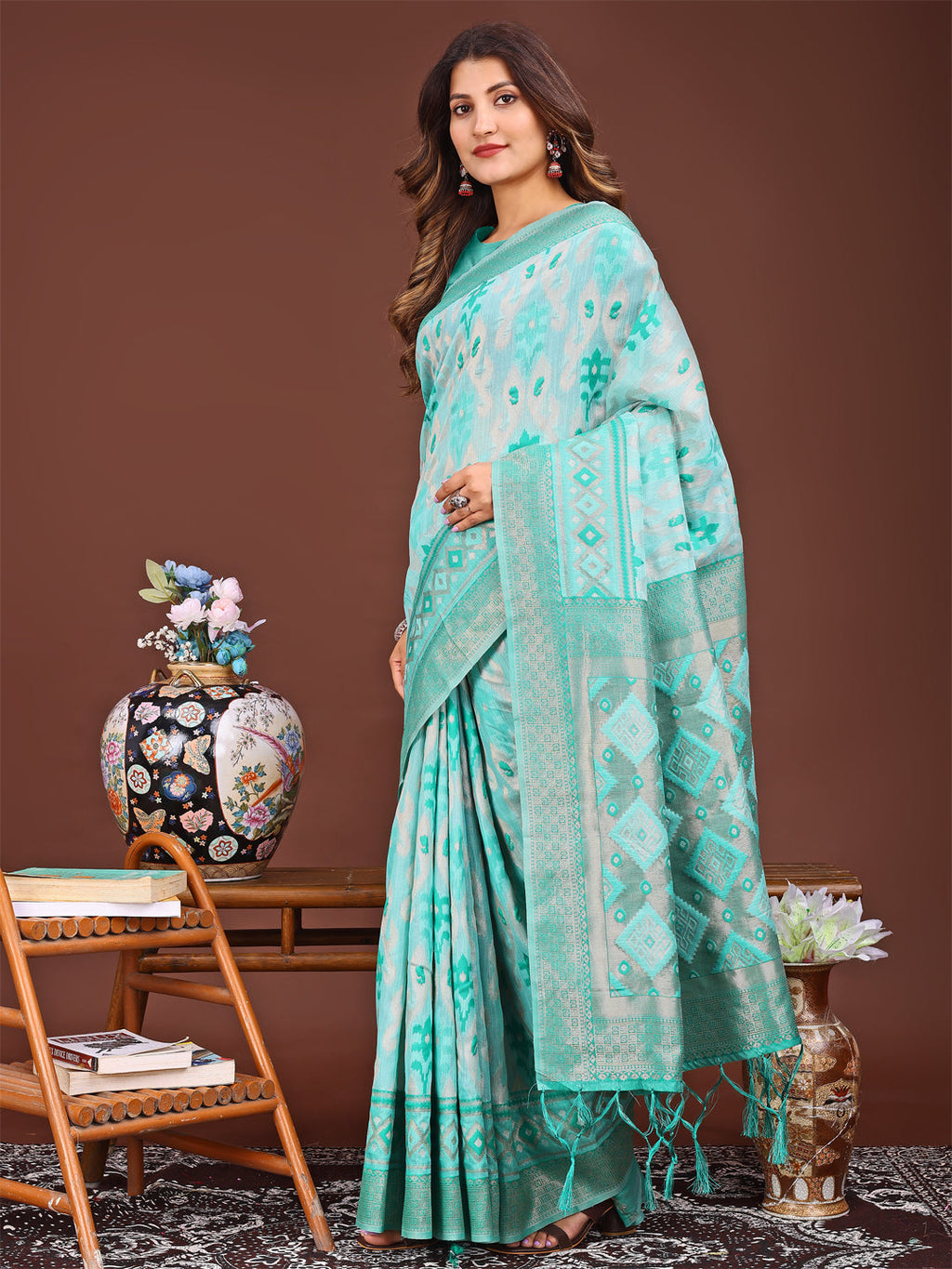 Shree Shyam Fashion Radiant Sea Green Linen Cotton Patola Saree - Where Tradition Dances with Elegance