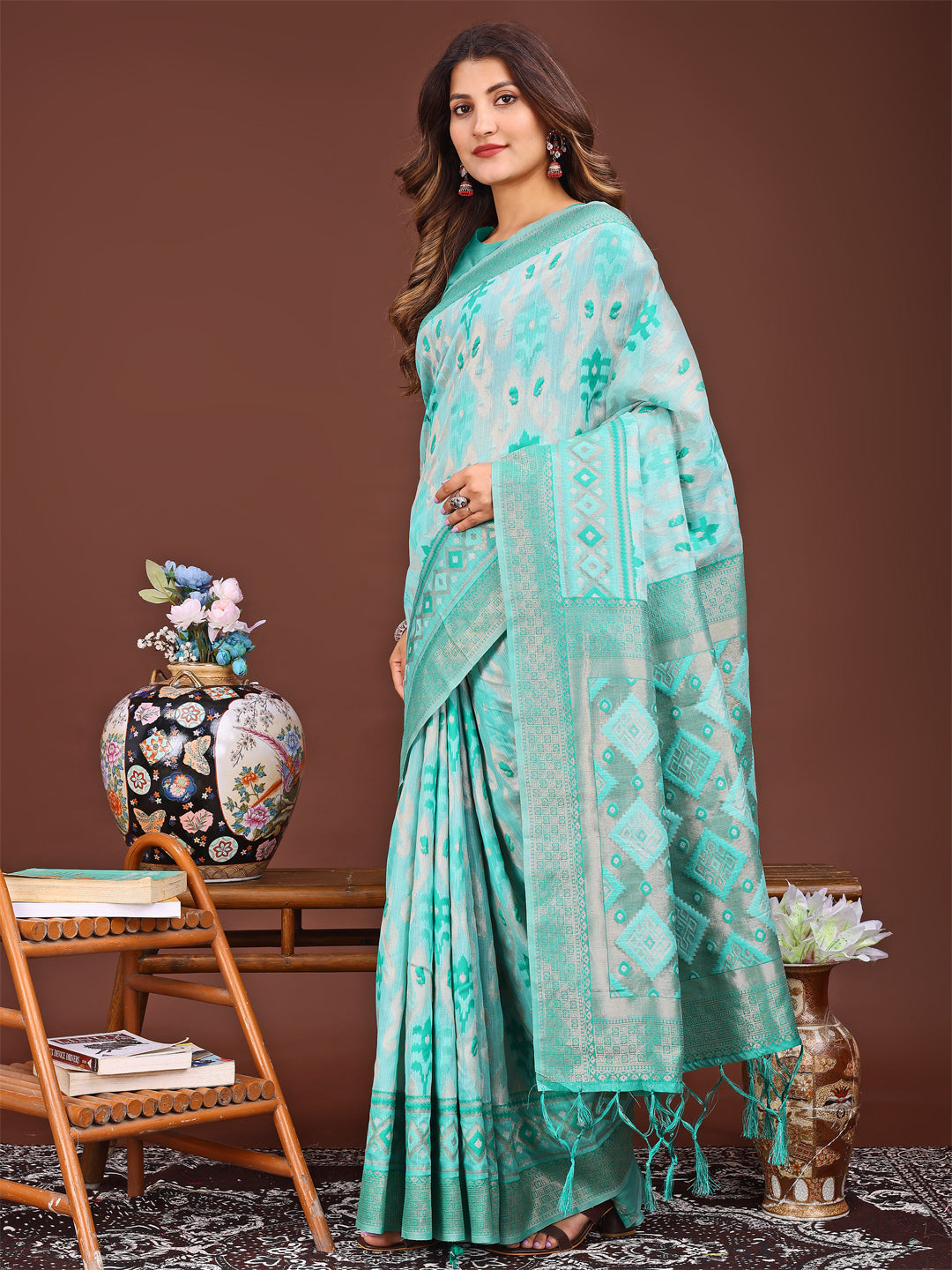 Shree Shyam Fashion Radiant Sea Green Linen Cotton Patola Saree - Where Tradition Dances with Elegance