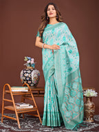 Shree Shyam Fashion Radiant Sea Green Linen Cotton Patola Saree - Where Tradition Dances with Elegance