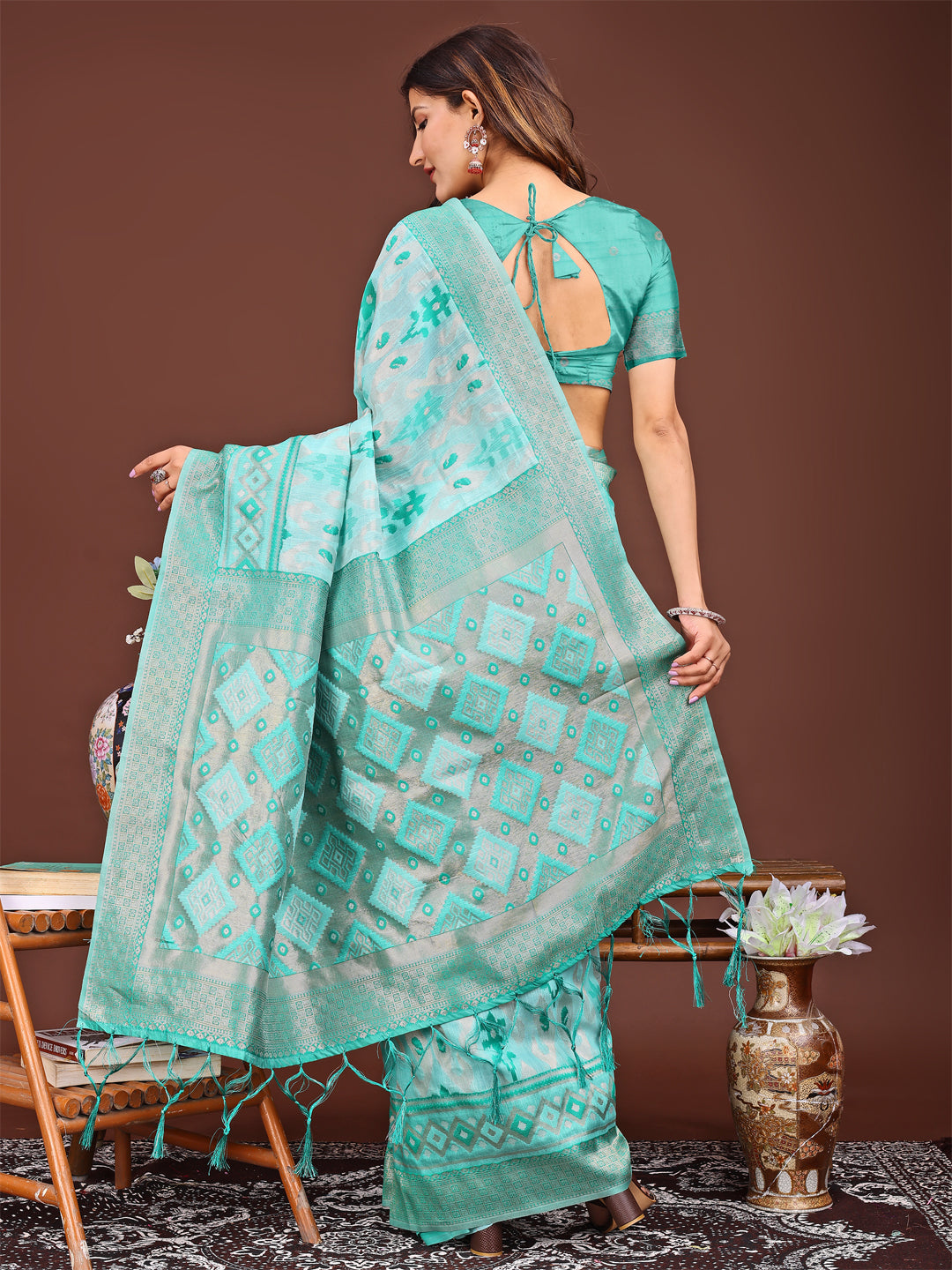 Shree Shyam Fashion Radiant Sea Green Linen Cotton Patola Saree - Where Tradition Dances with Elegance