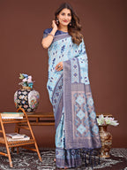 Shree Shyam Fashion Radiant Sky Blue Linen Cotton Patola Saree - Where Tradition Dances with Elegance