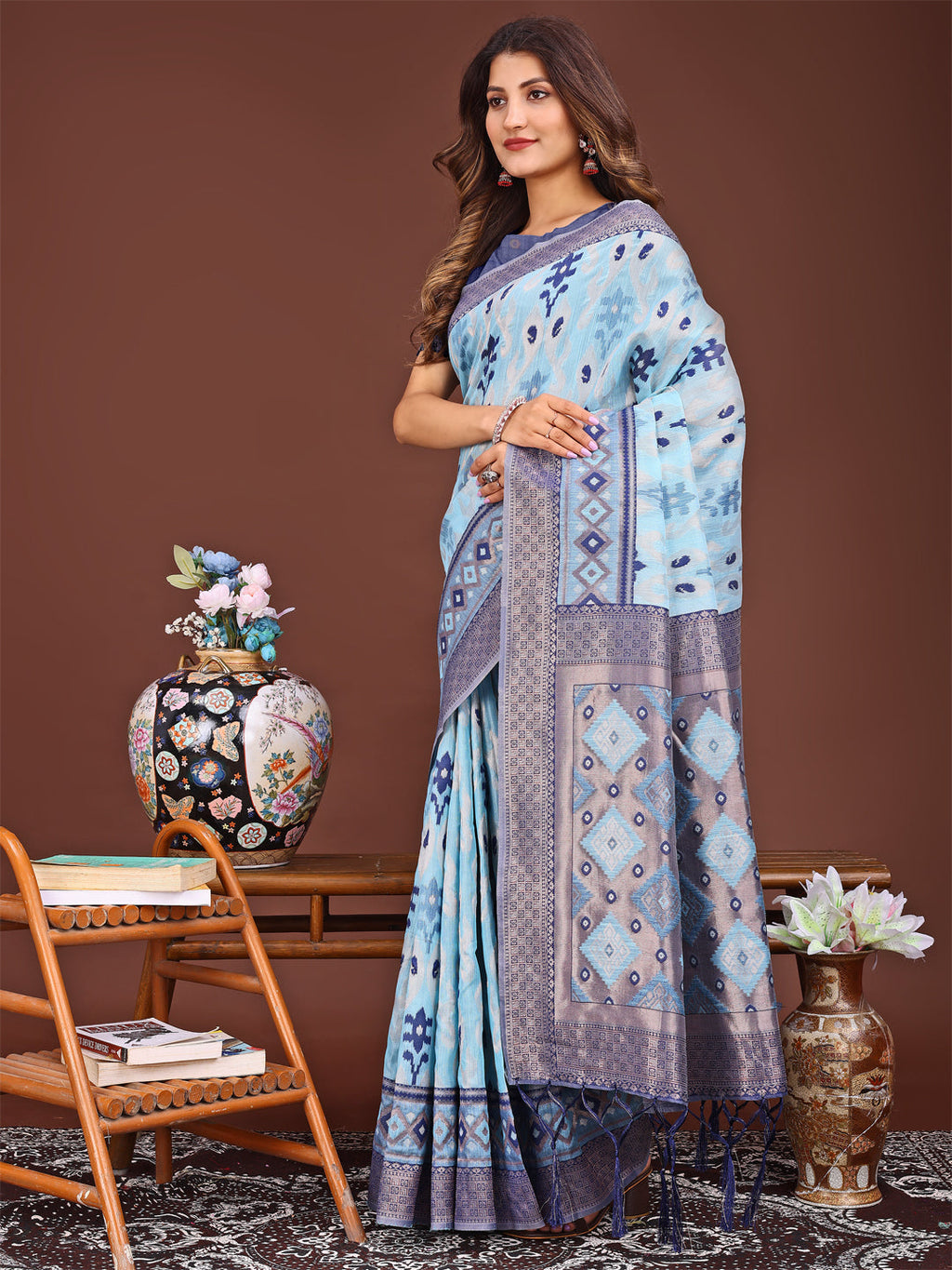 Shree Shyam Fashion Radiant Sky Blue Linen Cotton Patola Saree - Where Tradition Dances with Elegance