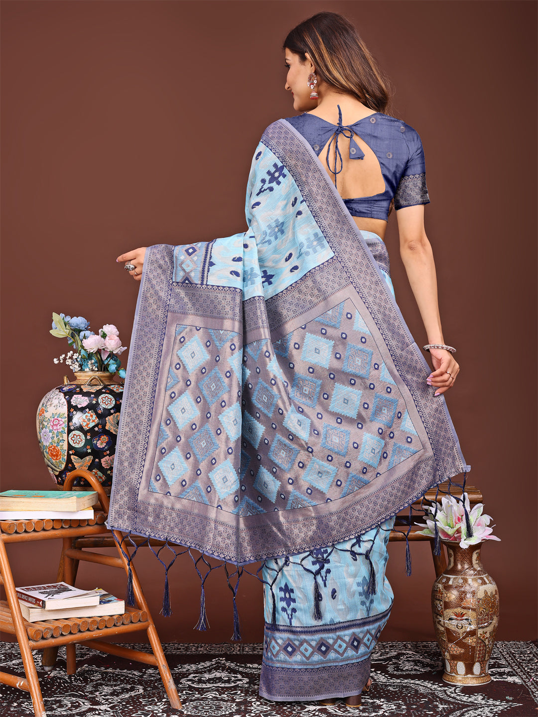 Shree Shyam Fashion Radiant Sky Blue Linen Cotton Patola Saree - Where Tradition Dances with Elegance