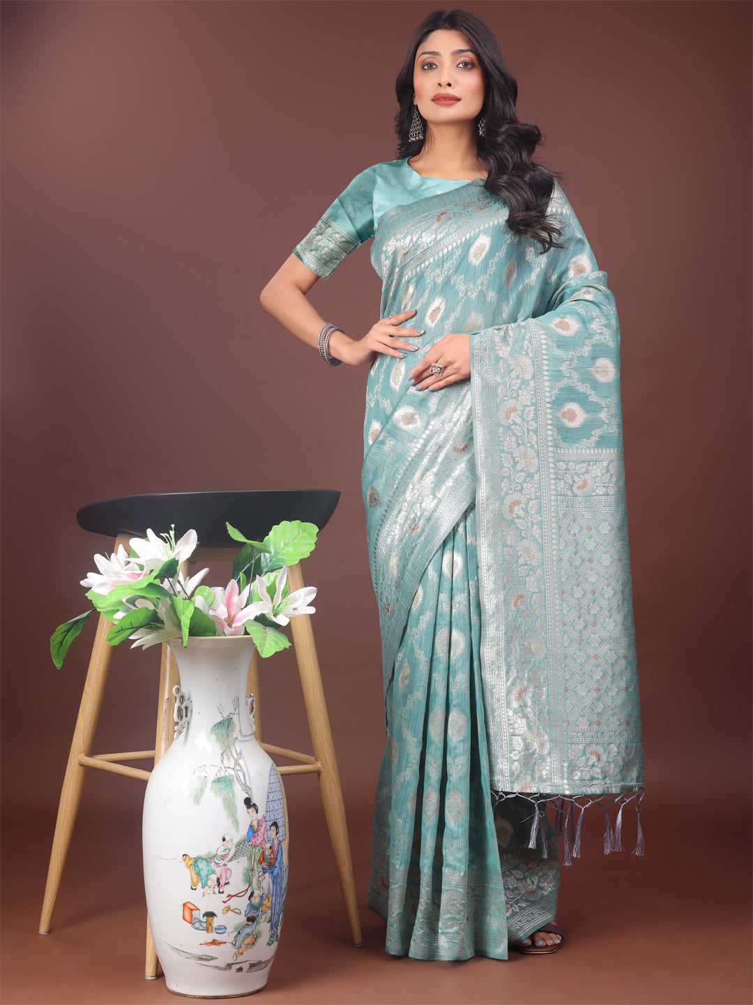 Shree Shyam Fashion Elegant Sea Green Linen Cotton Saree with Silver Zari - Perfect Blend of Comfort & Charm