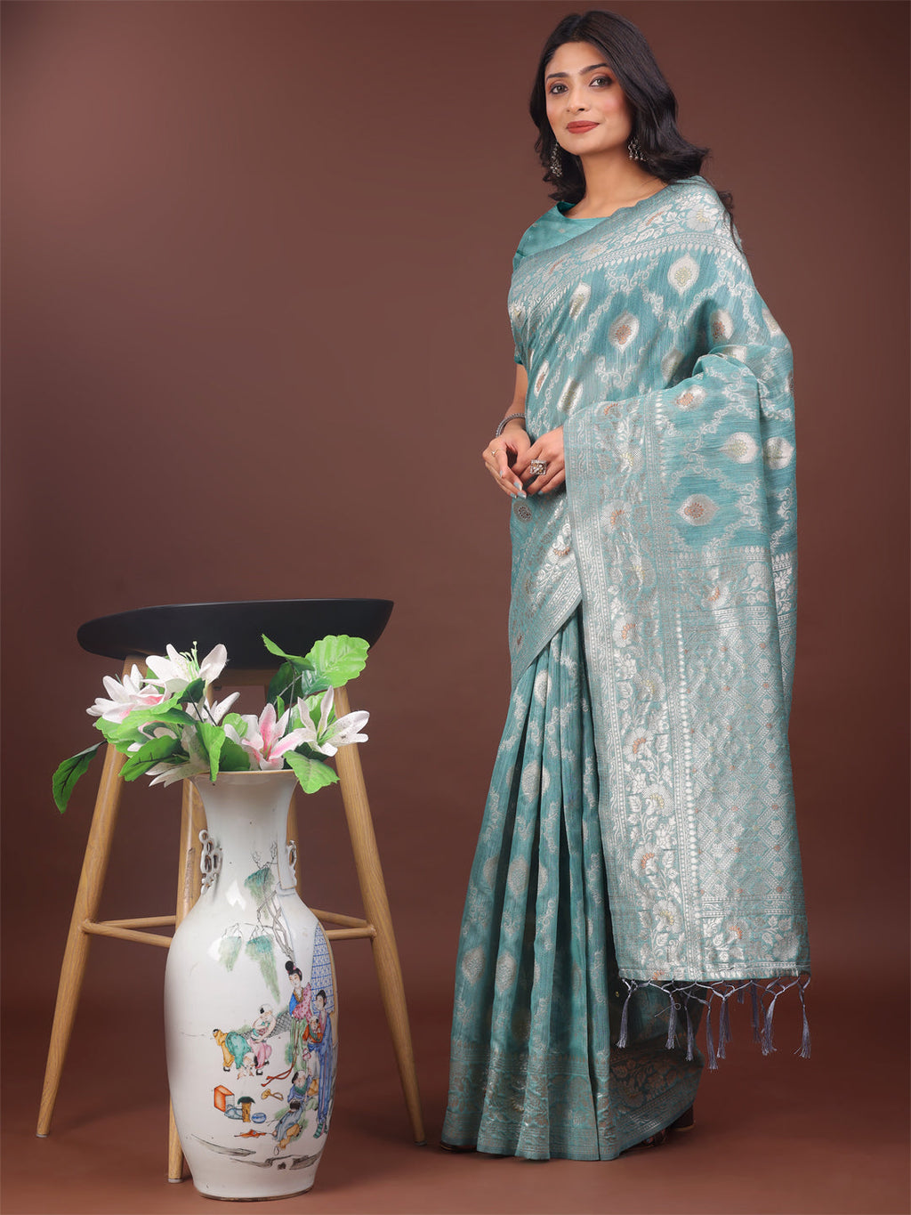 Shree Shyam Fashion Elegant Sea Green Linen Cotton Saree with Silver Zari - Perfect Blend of Comfort & Charm