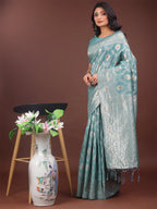 Shree Shyam Fashion Elegant Sea Green Linen Cotton Saree with Silver Zari - Perfect Blend of Comfort & Charm
