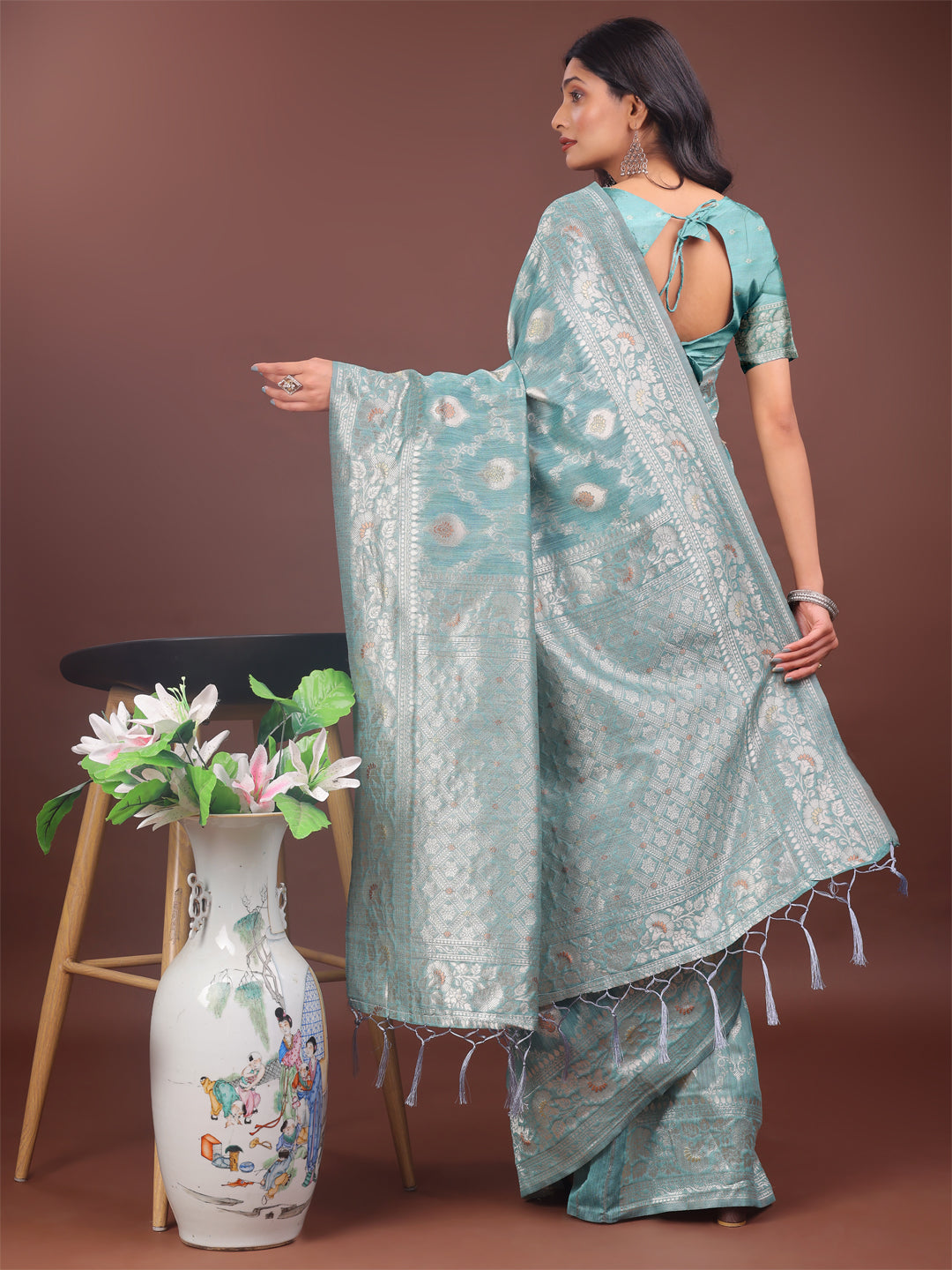 Shree Shyam Fashion Elegant Sea Green Linen Cotton Saree with Silver Zari - Perfect Blend of Comfort & Charm
