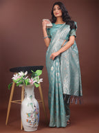 Shree Shyam Fashion Elegant Sea Green Linen Cotton Saree with Silver Zari - Perfect Blend of Comfort & Charm