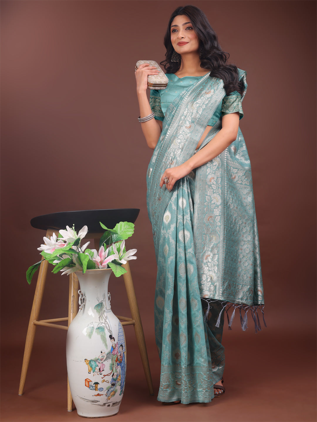 Shree Shyam Fashion Elegant Sea Green Linen Cotton Saree with Silver Zari - Perfect Blend of Comfort & Charm