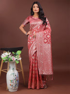 Shree Shyam Fashion Elegant Peach Linen Cotton Saree with Silver Zari - Perfect Blend of Comfort & Charm