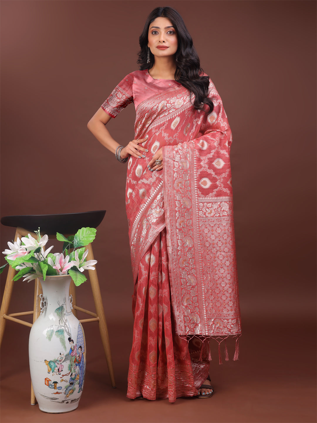 Shree Shyam Fashion Elegant Peach Linen Cotton Saree with Silver Zari - Perfect Blend of Comfort & Charm