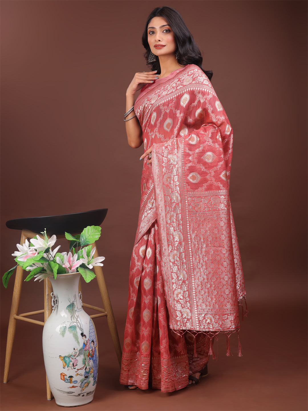 Shree Shyam Fashion Elegant Peach Linen Cotton Saree with Silver Zari - Perfect Blend of Comfort & Charm