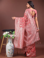 Shree Shyam Fashion Elegant Peach Linen Cotton Saree with Silver Zari - Perfect Blend of Comfort & Charm