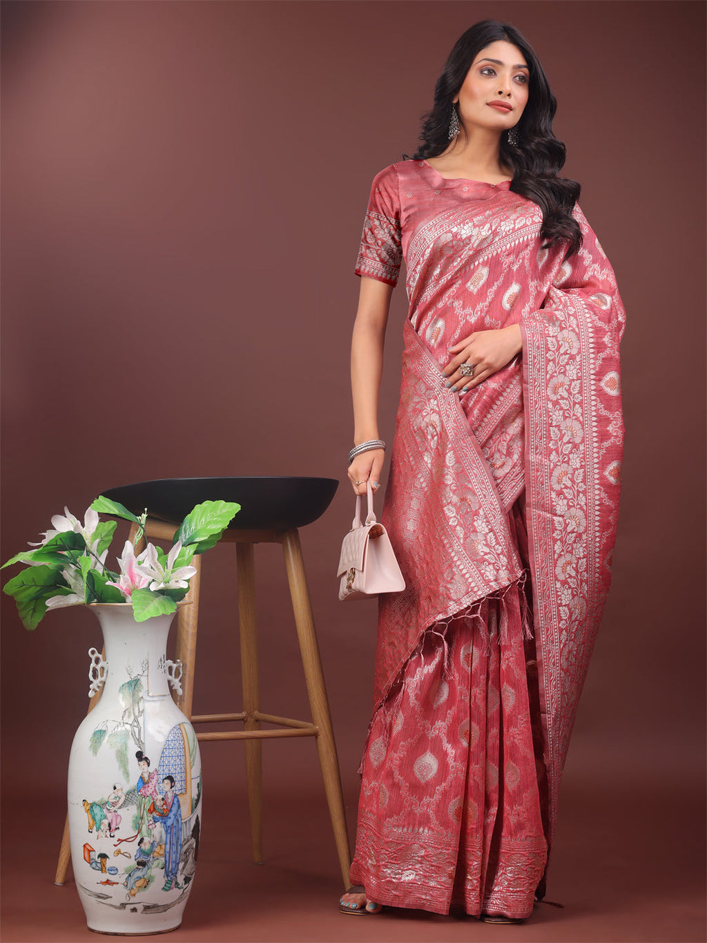 Shree Shyam Fashion Elegant Peach Linen Cotton Saree with Silver Zari - Perfect Blend of Comfort & Charm