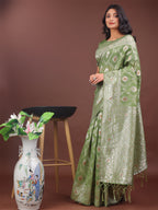 Shree Shyam Fashion Elegant Light Green Linen Cotton Saree with Silver Zari - Perfect Blend of Comfort & Charm
