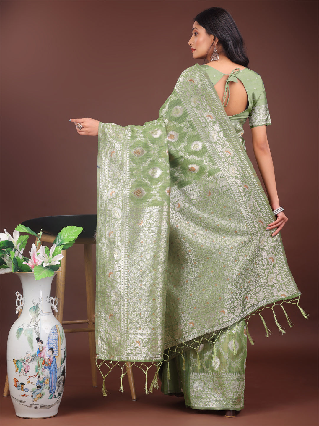 Shree Shyam Fashion Elegant Light Green Linen Cotton Saree with Silver Zari - Perfect Blend of Comfort & Charm