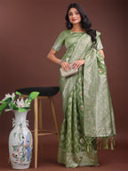 Shree Shyam Fashion Elegant Light Green Linen Cotton Saree with Silver Zari - Perfect Blend of Comfort & Charm