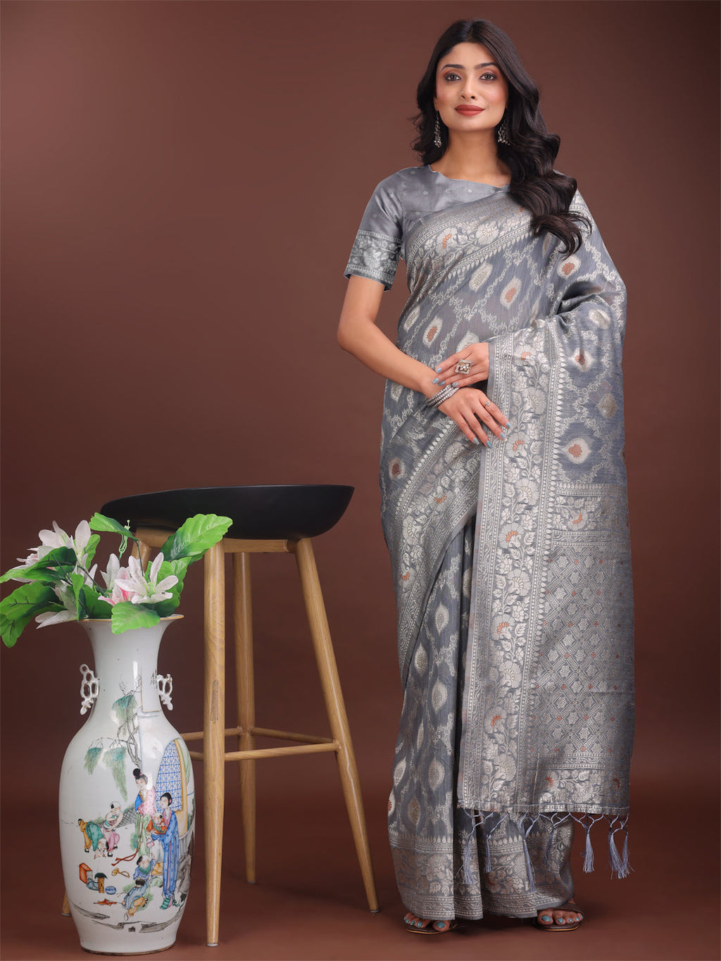 Shree Shyam Fashion Elegant Grey Linen Cotton Saree with Silver Zari - Perfect Blend of Comfort & Charm