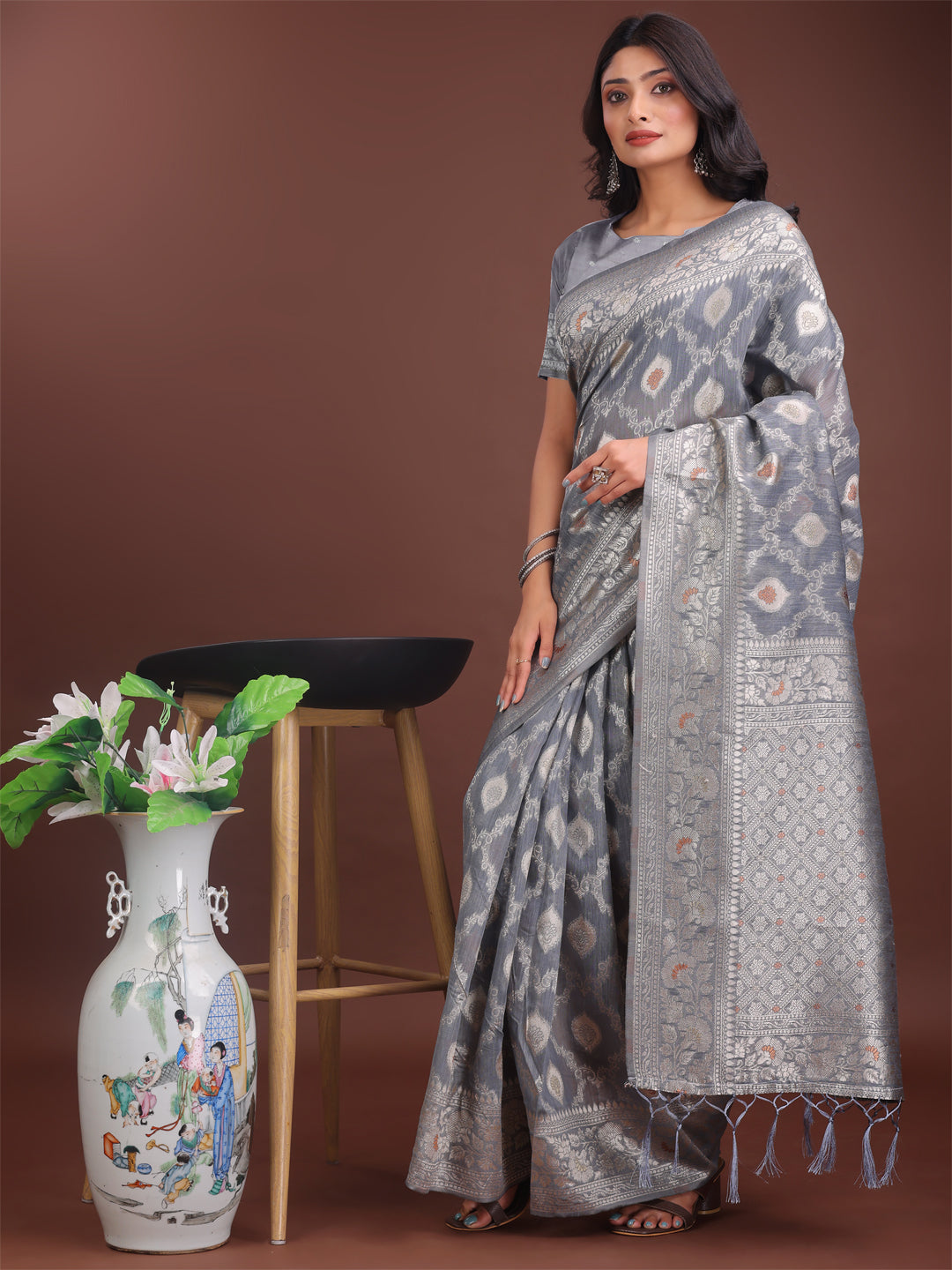 Shree Shyam Fashion Elegant Grey Linen Cotton Saree with Silver Zari - Perfect Blend of Comfort & Charm