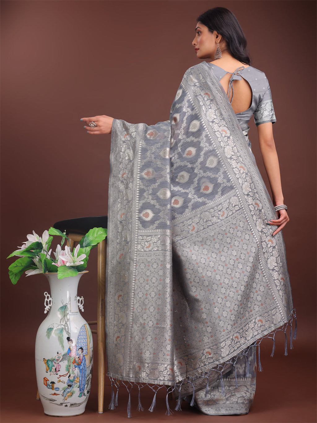 Shree Shyam Fashion Elegant Grey Linen Cotton Saree with Silver Zari - Perfect Blend of Comfort & Charm