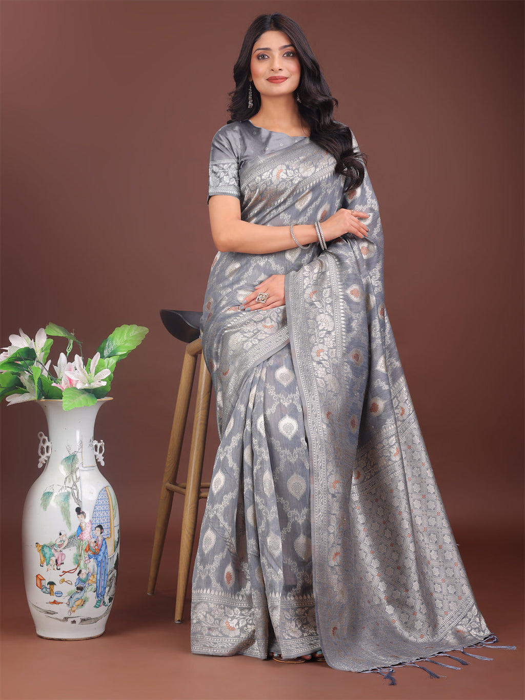 Shree Shyam Fashion Elegant Grey Linen Cotton Saree with Silver Zari - Perfect Blend of Comfort & Charm