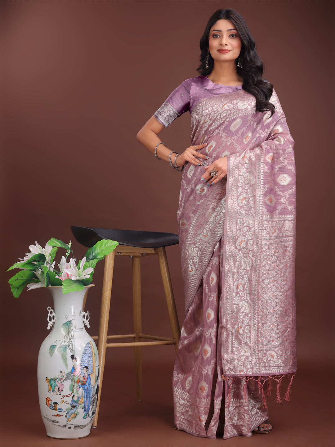 Shree Shyam Fashion Elegant Purple Linen Cotton Saree with Silver Zari - Perfect Blend of Comfort & Charm