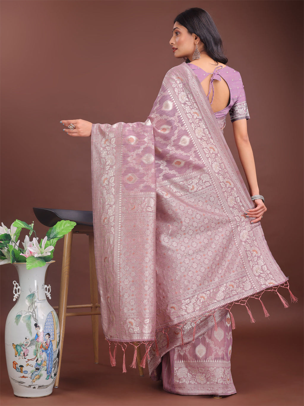 Shree Shyam Fashion Elegant Purple Linen Cotton Saree with Silver Zari - Perfect Blend of Comfort & Charm