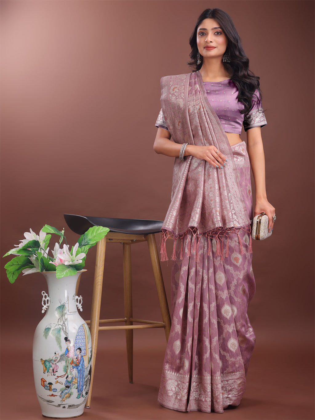 Shree Shyam Fashion Elegant Purple Linen Cotton Saree with Silver Zari - Perfect Blend of Comfort & Charm