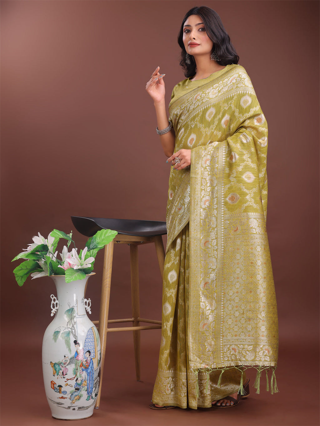 Shree Shyam Fashion Elegant Mustard Linen Cotton Saree with Silver Zari - Perfect Blend of Comfort & Charm