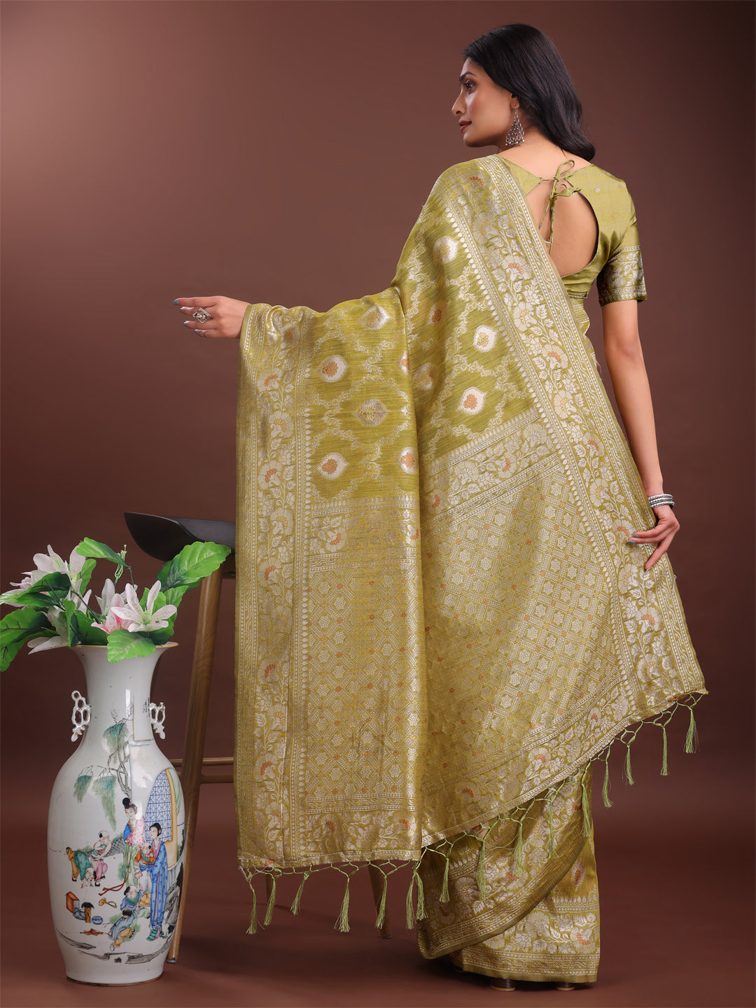 Shree Shyam Fashion Elegant Mustard Linen Cotton Saree with Silver Zari - Perfect Blend of Comfort & Charm