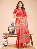 Shree Shyam Fashion Majestic Red Linen Cotton Saree with Royal Peacock Pallu - A Celebration of Heritage and Grace