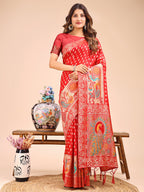 Shree Shyam Fashion Majestic Red Linen Cotton Saree with Royal Peacock Pallu - A Celebration of Heritage and Grace