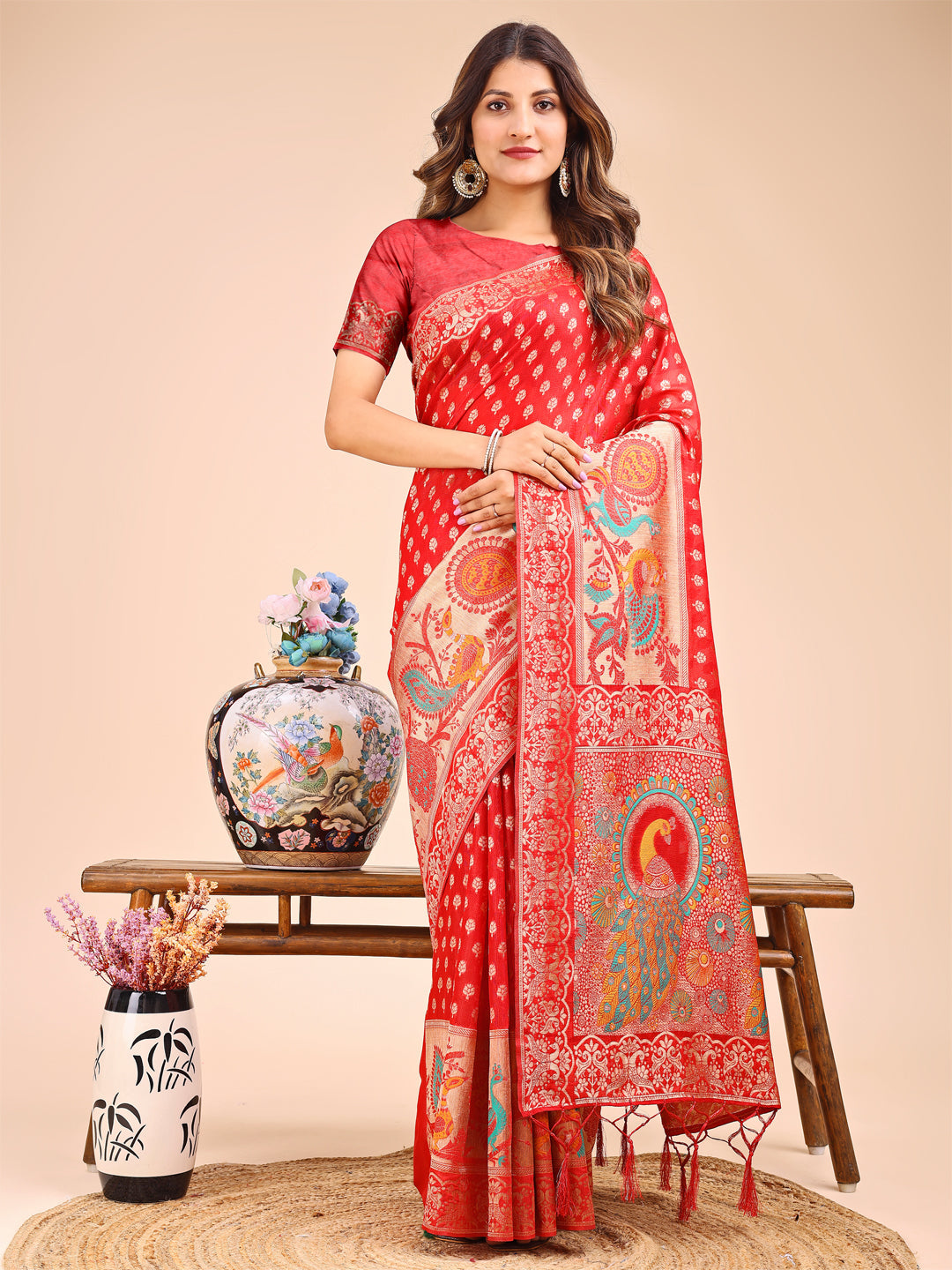Shree Shyam Fashion Majestic Red Linen Cotton Saree with Royal Peacock Pallu - A Celebration of Heritage and Grace