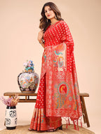 Shree Shyam Fashion Majestic Red Linen Cotton Saree with Royal Peacock Pallu - A Celebration of Heritage and Grace
